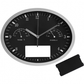 Часы настенные Insert3 с термометром и гигрометром, черные фото 