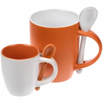 Кофейная кружка Pairy с ложкой, белая с оранжевой фото 