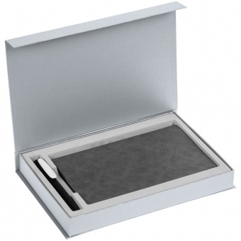 Коробка Silk с ложементом под ежедневник 13x21 и ручку, серебристая фото 